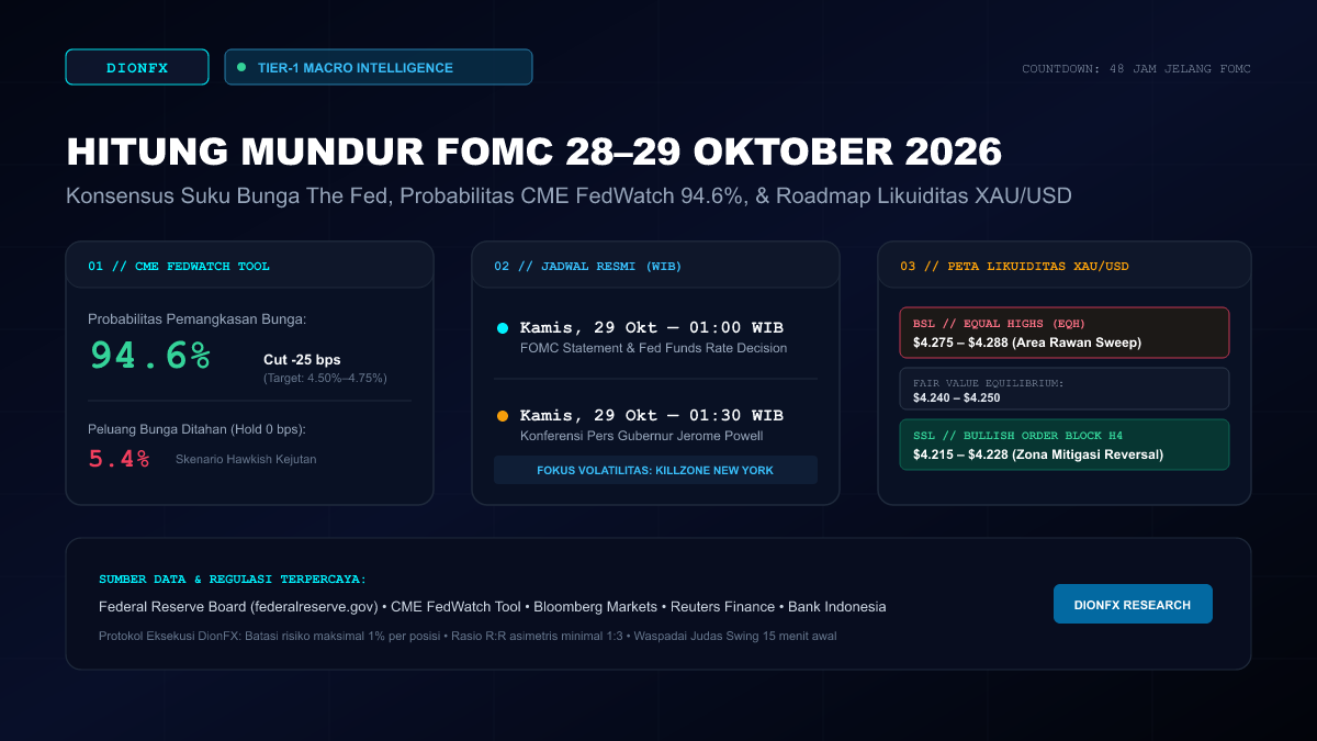 Hitung Mundur Rapat FOMC 28–29 Oktober 2026: Skenario Suku Bunga The Fed, Reaksi Dolar AS, dan Peta Setup Emas (XAU/USD)
